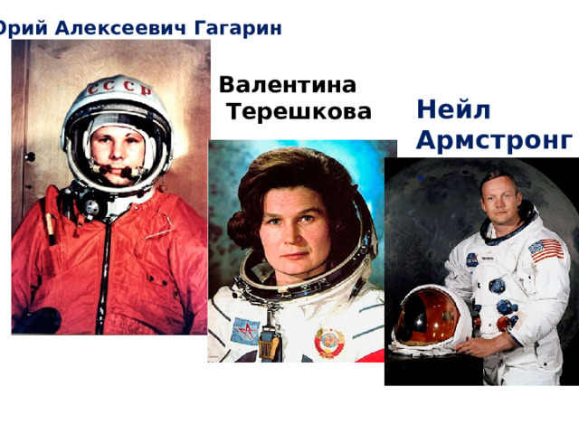 Юрий Алексеевич Гагарин Валентина  Терешкова Нейл Армстронг. 