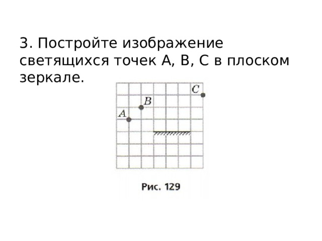 3. Постройте изображение светящихся точек A, B, C в плоском зеркале. 