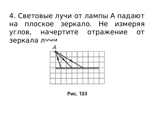 4. Световые лучи от лампы A падают на плоское зеркало. Не измеряя углов, начертите отражение от зеркала лучи. 