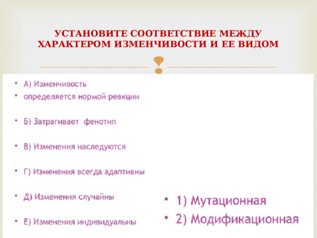 УСТАНОВИТЕ СООТВЕТСТВИЕ МЕЖДУ  ХАРАКТЕРОМ ИЗМЕНЧИВОСТИ И ЕЕ ВИДОМ 