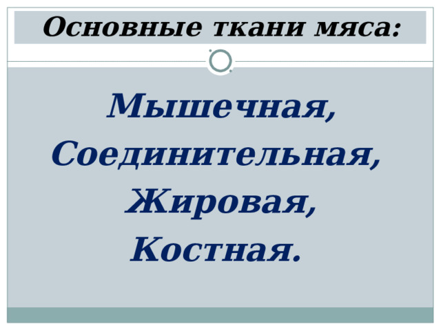 Основные ткани мяса: Мышечная, Соединительная, Жировая, Костная. 