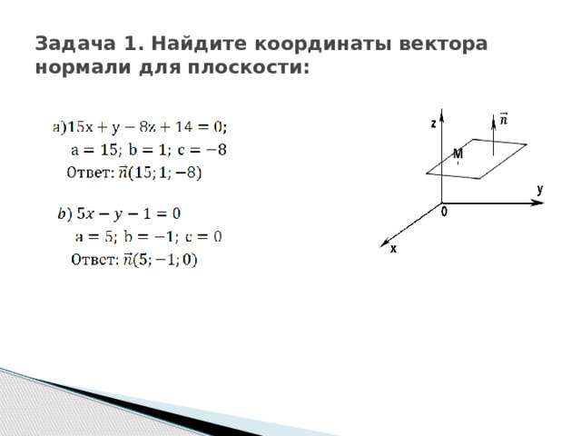 Задача 1. Найдите координаты вектора нормали для плоскости: 