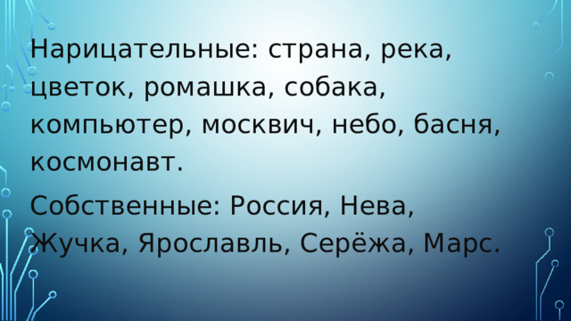 Нарицательные: страна, река, цветок, ромашка, собака, компьютер, москвич, небо, басня, космонавт. Собственные: Россия, Нева, Жучка, Ярославль, Серёжа, Марс. 