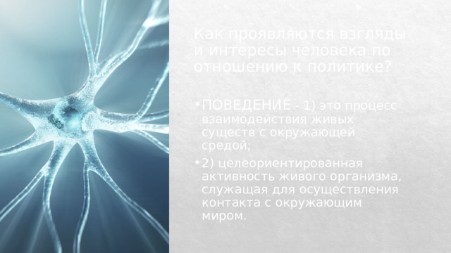 Как проявляются взгляды и интересы человека по отношению к политике? ПОВЕДЕНИЕ - 1) это процесс взаимодействия живых существ с окружающей средой;  2) целеориентированная активность живого организма, служащая для осуществления контакта с окружающим миром. 