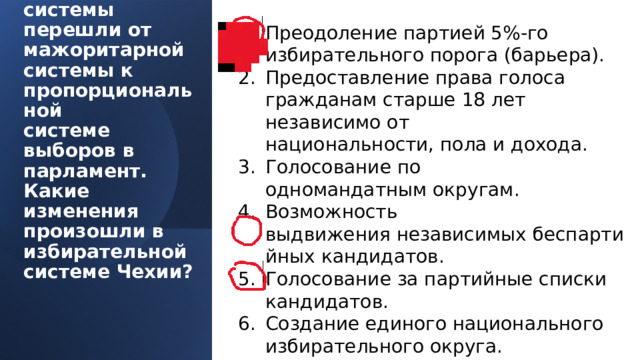 Преодоление партией 5%-го избирательного порога (барьера). Предоставление права голоса гражданам старше 18 лет независимо от национальности, пола и дохода. Голосование по одномандатным округам. Возможность выдвижения независимых беспартийных кандидатов. Голосование за партийные списки кандидатов. Создание единого национального избирательного округа. В демократической Чехии в ходе реформы избирательной  системы перешли от мажоритарной системы к пропорциональной  системе выборов в парламент. Какие изменения произошли в избирательной  системе Чехии?   