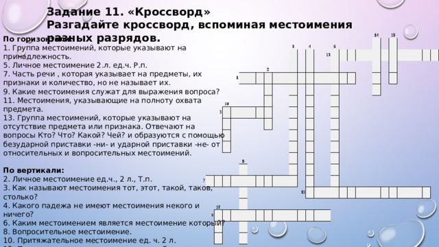 Задание 11. «Кроссворд» Разгадайте кроссворд, вспоминая местоимения разных разрядов. По горизонтали: 1. Группа местоимений, которые указывают на принадлежность. 5. Личное местоимение 2.л. ед.ч. Р.п. 7. Часть речи , которая указывает на предметы, их признаки и количество, но не называет их. 9. Какие местоимения служат для выражения вопроса? 11. Местоимения, указывающие на полноту охвата предмета. 13. Группа местоимений, которые указывают на отсутствие предмета или признака. Отвечают на вопросы Кто? Что? Какой? Чей? и образуются с помощью безударной приставки -ни- и ударной приставки -не- от относительных и вопросительных местоимений. По вертикали: 2. Личное местоимение ед.ч., 2 л., Т.п. 3. Как называют местоимения тот, этот, такой, таков, столько? 4. Какого падежа не имеют местоимения некого и ничего? 6. Каким местоимением является местоимение который? 8. Вопросительное местоимение. 10. Притяжательное местоимение ед. ч. 2 л. 12. Притяжательное местоимение мн. ч. 2.л. 14. Это изменяемый (непостоянный) грамматический признак местоимения. 15. Возвратное местоимение. 