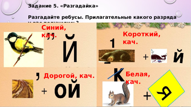 Задание 5. «Разгадайка»  Разгадайте ребусы. Прилагательные какого разряда у вас получились? Синий, кач. Короткий, кач. Белая, кач. Дорогой, кач. 