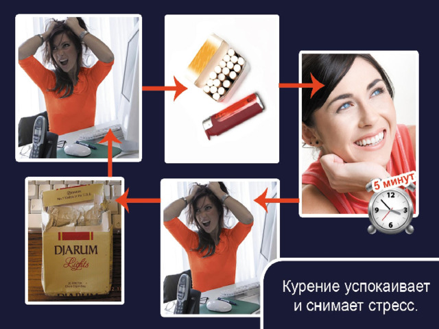 5. Курение успокаивает и снимает стресс. ___________________________________________ Комментарий: Хотя многие курящие считают, что сигарета способствует снятию стресса, исследователи установили, что, на самом, деле, сигареты провоцируют нервозность . Курильщик зависим от сигареты, и чем больше он курит, тем эта зависимость становится устойчивее, сильнее. Привыкнув к сигарете, человек без нее уже не может расслабиться. Таким образом, курение приводит к тому, что вы чувствуете себя все более напряженно. Нервозность, возникающая из-за желания выкурить сигарету, провоцирует еще больший стресс. Как следствие, уровень подверженности стрессу у курящих, попавших в условия конфликтной ситуации выше, чем у некурящих.  