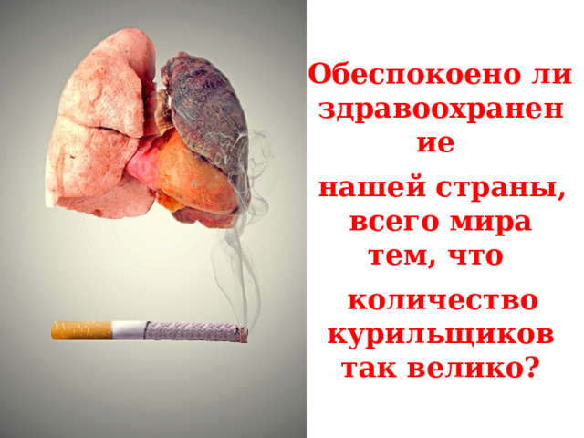  Обеспокоено ли здравоохранение  нашей страны, всего мира тем, что  количество курильщиков так велико? 