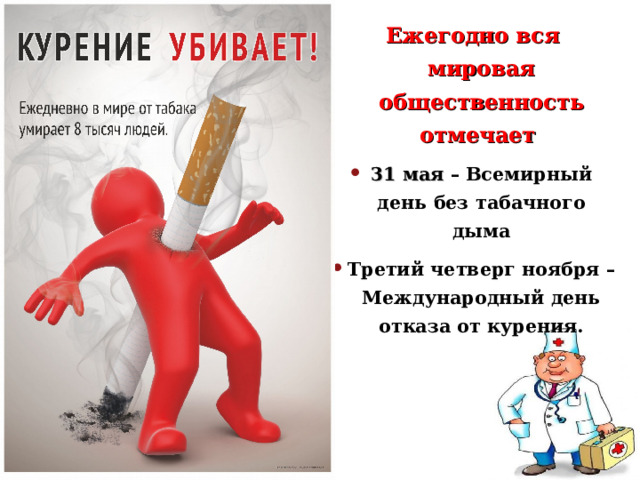 Ежегодно вся мировая общественность отмечает 31 мая – Всемирный день без табачного дыма Третий четверг ноября – Международный день отказа от курения.  