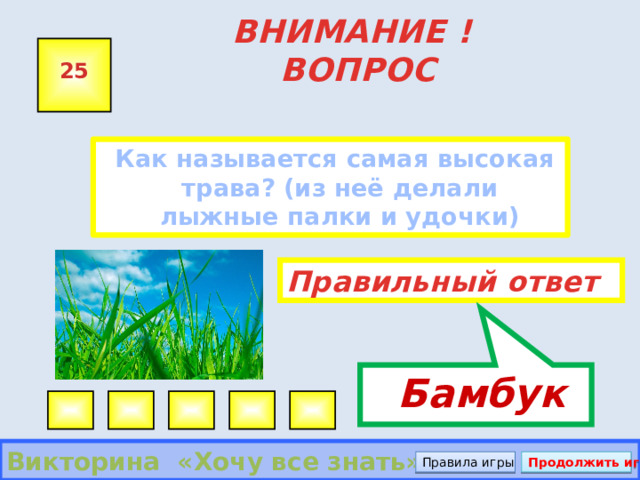  Бамбук ВНИМАНИЕ ! ВОПРОС 25  Как называется самая высокая трава? (из неё делали лыжные палки и удочки)  Правильный ответ Викторина «Хочу все знать» Правила игры Продолжить игру 