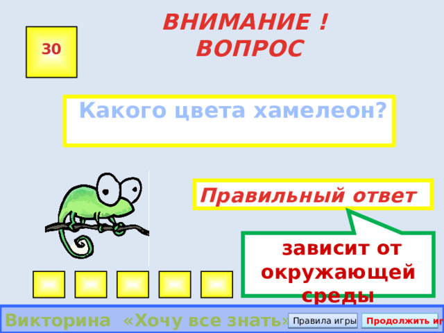  зависит от окружающей среды ВНИМАНИЕ ! ВОПРОС 30  Какого цвета хамелеон? Правильный ответ Викторина «Хочу все знать» Правила игры Продолжить игру 