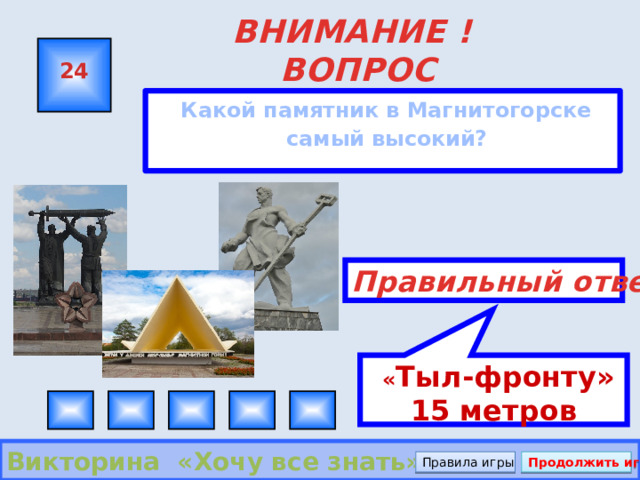  « Тыл-фронту» 15 метров ВНИМАНИЕ ! ВОПРОС 24  Какой памятник в Магнитогорске самый высокий? Правильный ответ Викторина «Хочу все знать» Правила игры Продолжить игру 
