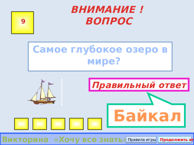  Байкал ВНИМАНИЕ ! ВОПРОС 9 Самое глубокое озеро в мире?  Правильный ответ Викторина «Хочу все знать» Правила игры Продолжить игру 