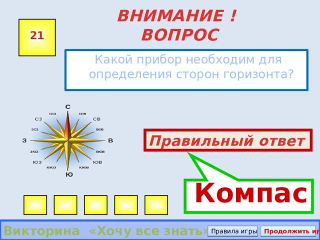 Компас ВНИМАНИЕ ! ВОПРОС 21  Какой прибор необходим для определения сторон горизонта? Правильный ответ Викторина «Хочу все знать» Правила игры Продолжить игру 