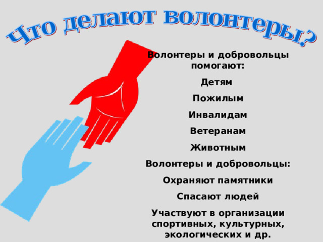 Волонтеры и добровольцы помогают: Детям Пожилым Инвалидам Ветеранам Животным Волонтеры и добровольцы: Охраняют памятники Спасают людей Участвуют в организации спортивных, культурных, экологических и др. мероприятиях.  