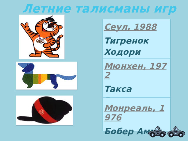 Летние талисманы игр Сеул, 1988 Тигренок Ходори Мюнхен, 1972 Такса Вальди Монреаль, 1976 Бобер Амик 