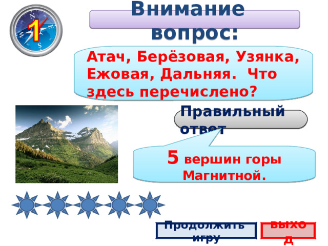 Внимание вопрос: Атач, Берёзовая, Узянка, Ежовая, Дальняя. Что здесь перечислено? Правильный ответ 5 вершин горы Магнитной. Продолжить игру выход 2 