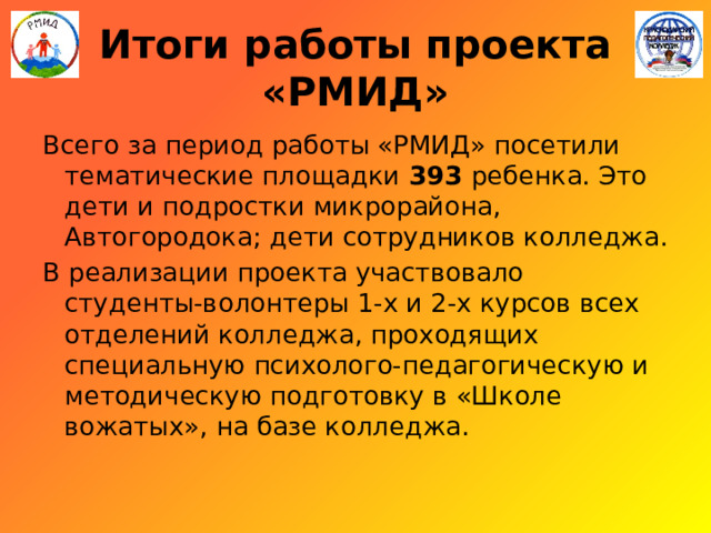 Итоги работы проекта «РМИД» Всего за период работы «РМИД» посетили тематические площадки 393 ребенка. Это дети и подростки микрорайона, Автогородока; дети сотрудников колледжа. В реализации проекта участвовало студенты-волонтеры 1-х и 2-х курсов всех отделений колледжа, проходящих специальную психолого-педагогическую и методическую подготовку в «Школе вожатых», на базе колледжа. 