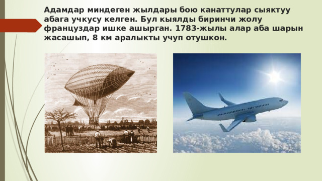 Адамдар миндеген жылдары бою канаттулар сыяктуу абага учкусу келген. Бул кыялды биринчи жолу француздар ишке ашырган. 1783-жылы алар аба шарын жасашып, 8 км аралыкты учуп отушкон.   