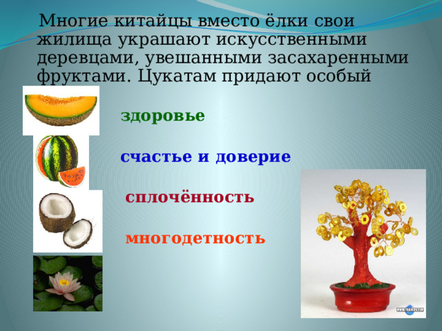  Многие китайцы вместо ёлки свои жилища украшают искусственными деревцами, увешанными засахаренными фруктами. Цукатам придают особый смысл:  здоровье   счастье и доверие  сплочённость  многодетность  