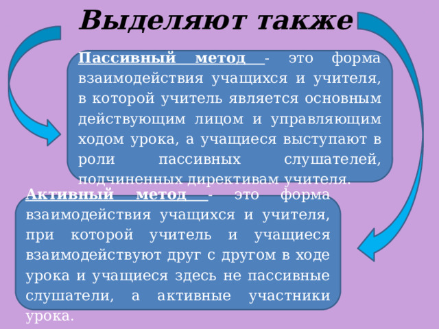 Выделяют также Пассивный метод - это форма взаимодействия учащихся и учителя, в которой учитель является основным действующим лицом и управляющим ходом урока, а учащиеся выступают в роли пассивных слушателей, подчиненных директивам учителя. Активный метод - это форма взаимодействия учащихся и учителя, при которой учитель и учащиеся взаимодействуют друг с другом в ходе урока и учащиеся здесь не пассивные слушатели, а активные участники урока. 