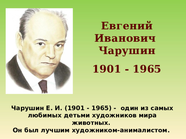Евгений Иванович Чарушин  1901 - 1965 Чарушин Е. И. (1901 - 1965) - один из самых любимых детьми художников мира животных. Он был лучшим художником-анималистом. 