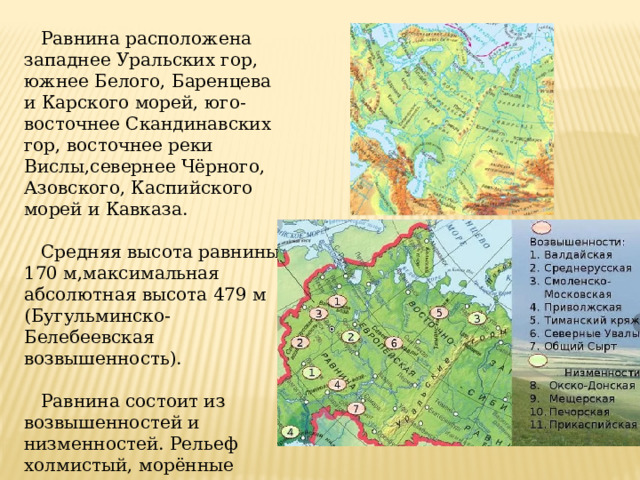  Равнина расположена западнее Уральских гор, южнее Белого, Баренцева и Карского морей, юго-восточнее Скандинавских гор, восточнее реки Вислы,севернее Чёрного, Азовского, Каспийского морей и Кавказа.  Средняя высота равнины 170 м,максимальная абсолютная высота 479 м (Бугульминско-Белебеевская возвышенность).  Равнина состоит из возвышенностей и низменностей. Рельеф холмистый, морённые гряды. 