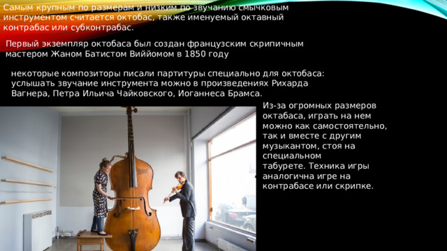 Самым крупным по размерам и низким по звучанию смычковым инструментом считается октобас, также именуемый октавный контрабас или субконтрабас. Первый экземпляр октобаса был создан французским скрипичным мастером Жаном Батистом Виййомом в 1850 году некоторые композиторы писали партитуры специально для октобаса: услышать звучание инструмента можно в произведениях Рихарда Вагнера, Петра Ильича Чайковского, Иоганнеса Брамса. Из-за огромных размеров октабаса, играть на нем можно как самостоятельно, так и вместе с другим музыкантом, стоя на специальном табурете. Техника игры аналогична игре на контрабасе или скрипке. 