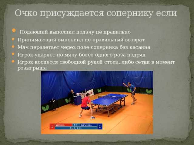 Очко присуждается сопернику если     Подающий выполнил подачу не правильно Принимающий выполнил не правильный возврат Мяч перелетает через поле соперника без касания Игрок ударяет по мячу более одного раза подряд Игрок коснется свободной рукой стола, либо сетки в момент розыгрыша 