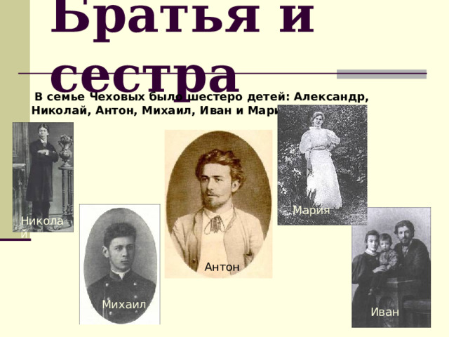 Братья и сестра  В семье Чеховых было шестеро детей: Александр, Николай, Антон, Михаил, Иван и Мария.  Мария Николай  Антон Иван с семьей Михаил Иван 