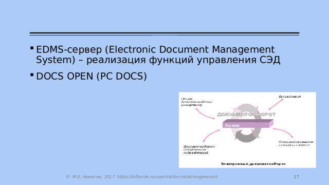 EDMS-сервер (Electronic Document Management System) – реализация функций управления СЭД DOCS OPEN (PC DOCS)  © М.Е. Никитин, 2017 https://infourok.ru/user/nikitin-mihail-evgenevich 