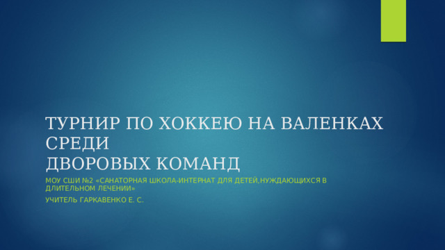 ТУРНИР ПО ХОККЕЮ НА ВАЛЕНКАХ СРЕДИ  ДВОРОВЫХ КОМАНД МОУ СШИ №2 «САНАТОРНАЯ ШКОЛА-ИНТЕРНАТ ДЛЯ ДЕТЕЙ,НУЖДАЮЩИХСЯ В ДЛИТЕЛЬНОМ ЛЕЧЕНИИ» УЧИТЕЛЬ ГАРКАВЕНКО Е. С. 