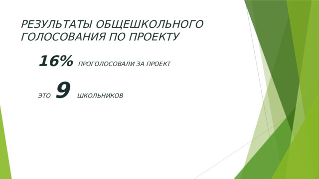 Результаты общешкольного голосования по проекту 16% проголосовали за проект  Это 9 школьников 