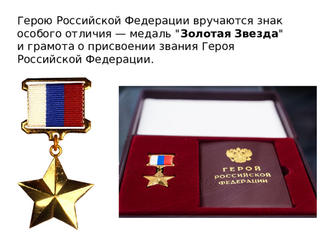 Герою Российской Федерации вручаются знак особого отличия — медаль 