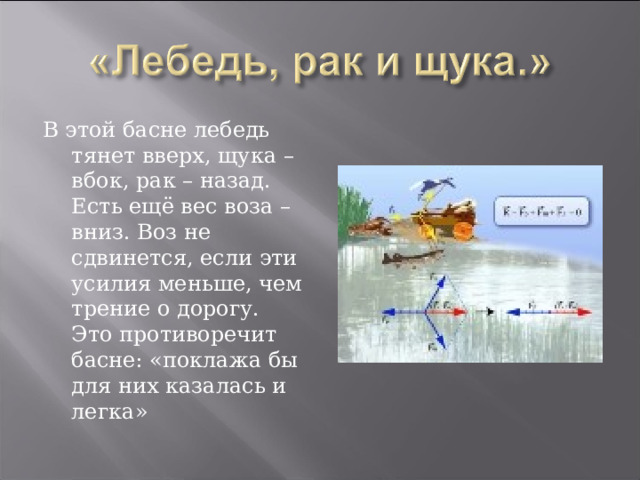 В этой басне лебедь тянет вверх, щука – вбок, рак – назад. Есть ещё вес воза – вниз. Воз не сдвинется, если эти усилия меньше, чем трение о дорогу. Это противоречит басне: «поклажа бы для них казалась и легка» 
