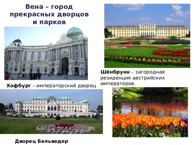 Вена – город прекрасных дворцов и парков Шёнбрунн – загородная резиденция австрийских императоров. Хофбург – императорский дворец Дворец Бельведер 