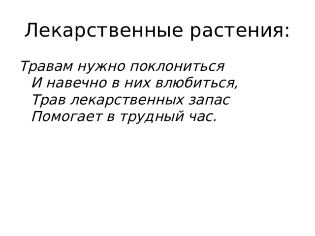 Лекарственные растения: Травам нужно поклониться  И навечно в них влюбиться,  Трав лекарственных запас  Помогает в трудный час.   