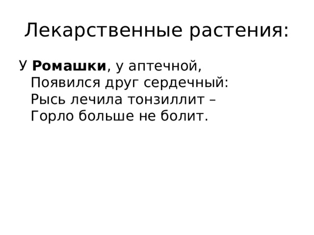 Лекарственные растения: У  Ромашки , у аптечной,   Появился друг сердечный:  Рысь лечила тонзиллит –  Горло больше не болит.    