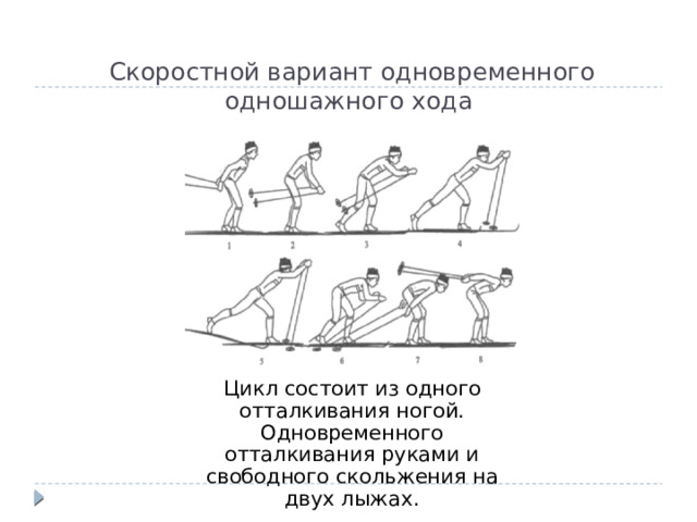  Скоростной вариант одновременного одношажного хода  Цикл состоит из одного отталкивания ногой. Одновременного отталкивания руками и свободного скольжения на двух лыжах. 
