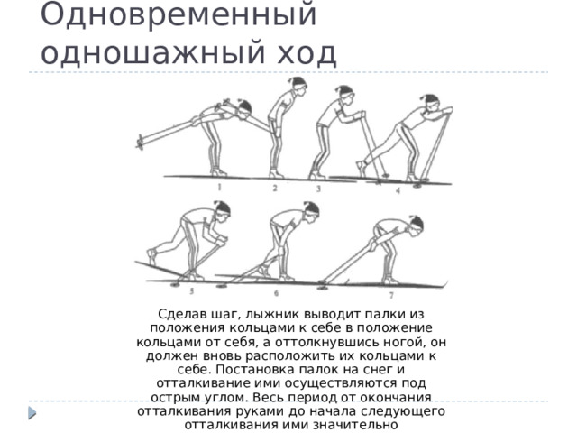 Одновременный одношажный ход  Сделав шаг, лыжник выводит палки из положения кольцами к себе в положение кольцами от себя, а оттолкнувшись ногой, он должен вновь расположить их кольцами к себе. Постановка палок на снег и отталкивание ими осуществляются под острым углом. Весь период от окончания отталкивания руками до начала следующего отталкивания ими значительно продолжительнее, чем в скоростном варианте. 