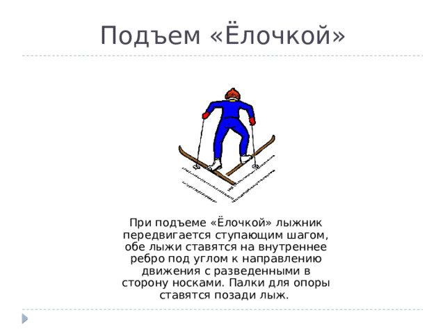Подъем «Ёлочкой» При подъеме «Ёлочкой» лыжник передвигается ступающим шагом, обе лыжи ставятся на внутреннее ребро под углом к направлению движения с разведенными в сторону носками. Палки для опоры ставятся позади лыж. 