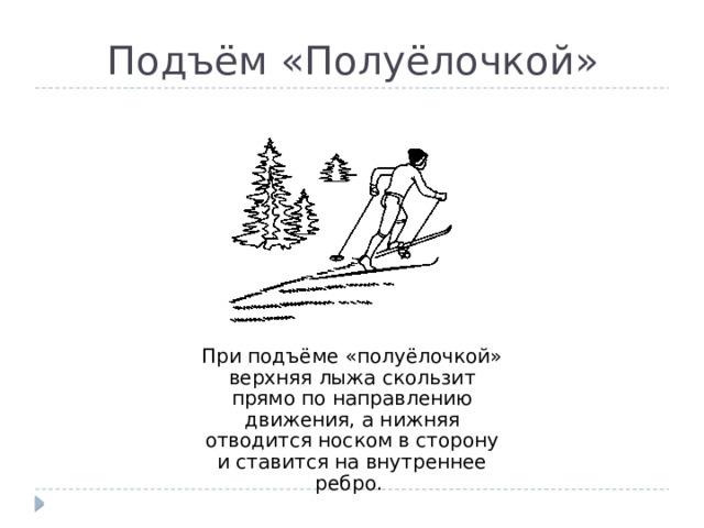Подъём «Полуёлочкой» При подъёме «полуёлочкой» верхняя лыжа скользит прямо по направлению движения, а нижняя отводится носком в сторону и ставится на внутреннее ребро. 