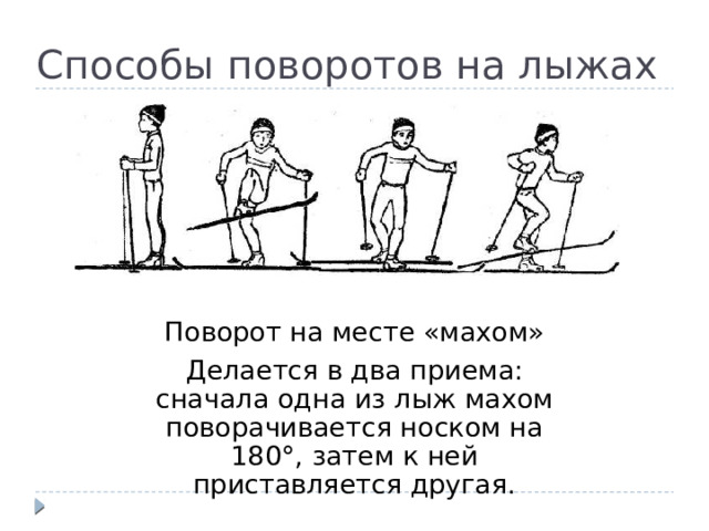 Способы поворотов на лыжах Поворот на месте «махом» Делается в два приема: сначала одна из лыж махом поворачивается носком на 180°, затем к ней приставляется другая. 
