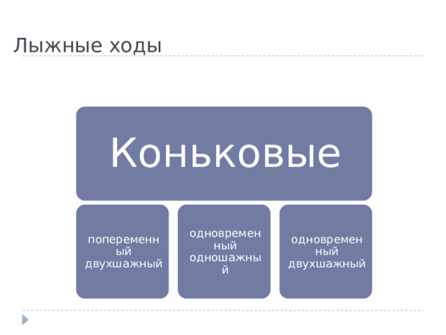 Лыжные ходы Коньковые попеременный двухшажный одновременный одношажный одновременный двухшажный 