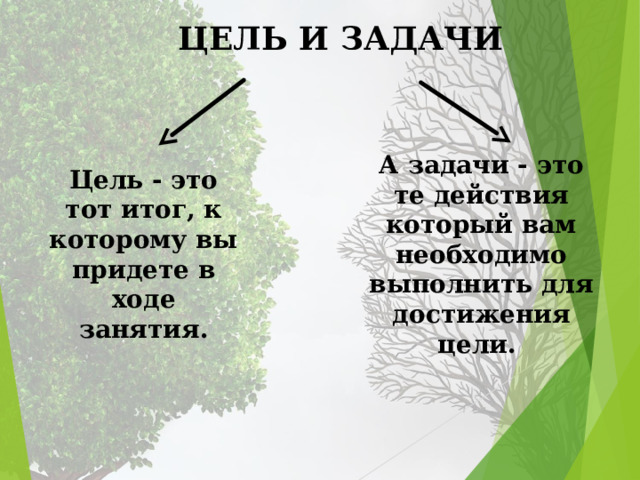 ЦЕЛЬ И ЗАДАЧИ А задачи - это те действия который вам необходимо выполнить для достижения цели.  Цель - это тот итог, к которому вы придете в ходе занятия. 