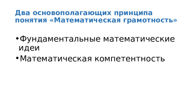 Два основополагающих принципа понятия «Математическая грамотность» Фундаментальные математические идеи Математическая компетентность 