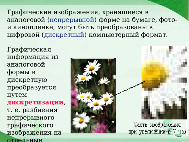 Графические изображения, хранящиеся в аналоговой ( непрерывной ) форме на бумаге, фото- и кинопленке, могут быть преобразованы в цифровой ( дискретный ) компьютерный формат. Графическая информация из аналоговой формы в дискретную преобразуется путем дискретизации ,  т. е. разбиения непрерывного графического изображения на отдельные элементы. 