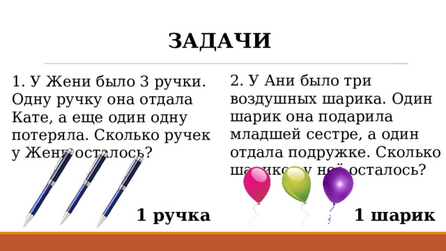ЗАДАЧИ 2. У Ани было три воздушных шарика. Один шарик она подарила младшей сестре, а один отдала подружке. Сколько шариков у неё осталось? 1. У Жени было 3 ручки. Одну ручку она отдала Кате, а еще один одну потеряла. Сколько ручек у Жени осталось? 1 ручка 1 шарик 