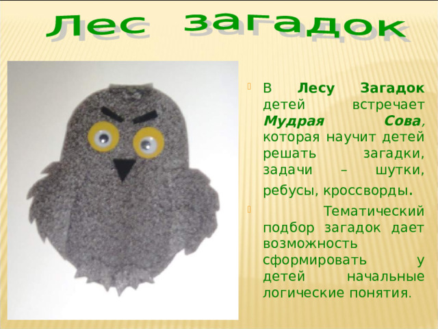 В Лесу Загадок детей встречает Мудрая Сова , которая научит детей решать загадки, задачи – шутки, ребусы, кроссворды .  Тематический подбор загадок дает возможность сформировать у детей начальные логические понятия .  